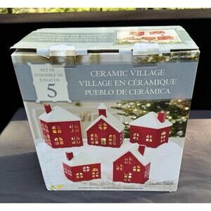 New Costco Christmas Red and White Ceramic Village 5 Piece set In Original Box